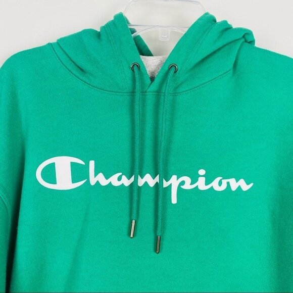 Vintage 90s Champion Spell Out Sweater Hooded Sz L Green Sweatshirt Big Logo Y2K - Picture 3 of 12